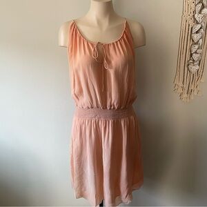 Babaton 100% Silk Pink Peach Blouson Dress Smocked Size Large NEW NWOT